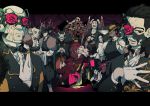  1girl 6+boys absurdres antlers black_eyes black_headwear character_request dark_skin dark_skinned_male demon_horns demon_wings eyepatch fangs flower gloves golden_kamuy halloween hat highres hijikata_toshizou_(golden_kamuy) holding holding_sword holding_weapon horns ienaga_kano indoors kadokura_(golden_kamuy) koito_otonoshin lipstick looking_at_viewer maddysaki makeup multiple_boys nagakura_shinpachi_(golden_kamuy) ogata_hyakunosuke oni oni_horns pile_of_skulls red_eyes red_flower red_rose rose sitting sword throne toni_anji tray ushiyama_tatsuma vampire waiter weapon white_gloves wings 