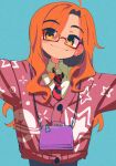  1girl aqua_background bag collared_shirt eyes_visible_through_hair glasses highres long_hair long_sleeves looking_at_viewer necktie orange_eyes orange_hair original shirt smile solo striped_necktie takarai_shunsuke upper_body wing_collar 