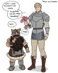  2boys absurdres armor bara beard black_hair blonde_hair boots brown_pants chest_armor dungeon_meshi english_text facial_hair fake_horns helmet highres holding horned_helmet horns laios_thorden looking_at_another male_focus multiple_boys muscular muscular_male mustache pants patreon_username pauldrons senshi_(dungeon_meshi) short_hair shoulder_armor simple_background smile suyohara white_background 