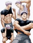  1boy abs bara bare_pectorals black_blindfold black_shirt black_shorts blindfold blindfold_lift closed_eyes closed_mouth clothes_lift gojou_satoru grey_pants highres jujutsu_kaisen large_pectorals looking_at_viewer male_focus multiple_views muscular muscular_male navel nipples pants pectorals shirt shirt_lift short_hair shorts towel towel_around_neck twitter_username undressing white_hair white_towel yuana 