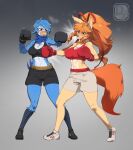 anthro avian big_breasts bird boxing boxing_gloves breasts canid canine ceroba_(undertale_yellow) clothed clothing difman duo female fox handwear hi_res mammal martlet_(undertale_yellow) punching_face sport undertale undertale_(series) undertale_yellow