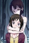  2girls asymmetrical_bangs asymmetrical_hair bangs bare_shoulders brown_eyes brown_hair cable chemise commentary_request covering_mouth crying crying_with_eyes_open grey_eyes hair_ornament hairclip head_hug hug hug_from_behind iwakura_lain jacket jewelry looking_at_viewer mizuki_alice multiple_girls necklace niina_ryou off_shoulder open_mouth partial_commentary red_jacket round_teeth serial_experiments_lain shaded_face shirt short_hair sleepwear spaghetti_strap strap_slip streaming_tears tears teeth upper_teeth yellow_shirt yuri 