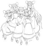  5girls :d animal_ears apron arms_behind_back closed_eyes clothes_grab collared_dress daikokuten_(fate) dated dress empty_eyes facing_viewer fate/grand_order fate_(series) full_body greyscale hair_between_eyes hairband hand_on_another&#039;s_shoulder highres lineart lolita_hairband long_hair looking_at_viewer mary_janes monochrome mouse_ears mouse_girl mouse_tail multiple_girls neck_ribbon noz_2to open_mouth ribbon shoes short_hair simple_background skirt_hold sleeve_grab smile tail twintails 