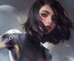  1girl alita alita:_battle_angel bare_shoulders battle_angel_alita black_hair brown_eyes cateille commentary cyborg eyelashes eyeshadow facepaint facial_mark floating_hair grey_hair highres lips looking_at_viewer makeup parted_lips red_lips short_hair skin_tight sleeveless smoke solo upper_body 