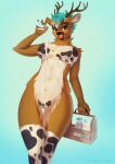 anthro antlers bottle breasts brown_body brown_fur clothing container dancrescentwolf deer female front_view fur glass hi_res horn legwear lingerie looking_at_viewer mammal milk milk_bottle pouring_onto_self solo thigh_gap thigh_highs