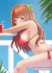  +_+ .live 1girl armpits bangs bikini blue_eyes blue_sky blunt_bangs blurry blurry_foreground blush bow breasts bright_pupils brown_hair chair cherry_hair_ornament coca-cola commentary_request covered_mouth crossed_arms cup day depth_of_field drinking_straw eyebrows_visible_through_hair feet_out_of_frame food_themed_hair_ornament from_side green_bow hair_between_eyes hair_bow hair_ornament highres kakyouin_chieri large_breasts leaning_forward long_hair looking_at_viewer looking_back looking_to_the_side on_chair outdoors railing red_bikini side-tie_bikini sideboob sidelocks sitting sky solo straight_hair string_bikini swimsuit symbol-shaped_pupils table thighs tipo_(tipoplaza) two_side_up v-shaped_eyebrows virtual_youtuber 