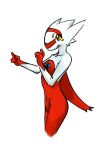 anthro breasts feathers featureless_breasts featureless_crotch female generation_3_pokemon gesture kyzarius latias legendary_pokemon looking_at_viewer nintendo pokemon pokemon_(species) red_body red_feathers simple_background solo standing white_background white_body white_feathers yellow_eyes