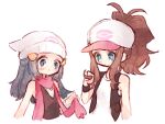  2girls baseball_cap beanie black_shirt black_vest black_wristband blue_eyes blue_hair blush_stickers brown_hair clothes_grab commentary cropped_torso dawn_(pokemon) expressionless hair_ornament hand_in_own_hair hat high_ponytail hilda_(pokemon) long_hair looking_down mgomurainu multiple_girls pokemon pokemon_bw pokemon_dppt red_scarf scarf shirt sidelocks simple_background sleeveless sleeveless_shirt tank_top upper_body vest white_background white_headwear white_tank_top 