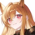  1girl animal_ears arknights black_jacket blush brown_hair ceobe_(arknights) closed_mouth commentary_request fang fang_out hair_between_eyes jacket long_hair looking_at_viewer portrait red_eyes rin_(ryne_0303) smile solo twitter_username 