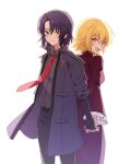  1boy 1girl absurdres athrun_zala back-to-back blonde_hair blue_hair cagalli_yula_athha couple green_eyes gundam gundam_seed gundam_seed_freedom hetero highres holding_hands jacket looking_at_viewer open_clothes open_jacket red_tie short_hair white_background yellow_eyes ymrxx_(kamihurai) 