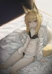  1girl animal_ear_fluff animal_ears bed_sheet black_bra black_panties blonde_hair bra breasts fox_ears fox_girl fox_tail hair_between_eyes highres long_hair long_sleeves looking_at_viewer messy_hair nito_(nshtntr) off_shoulder original panties shirt sitting small_breasts solo tail underwear white_shirt 