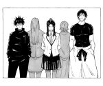  2boys 4girls arms_behind_back black_hair black_jacket black_shirt brother_and_sister facing_viewer family father_and_daughter father_and_son fushiguro_megumi fushiguro_touji fushiguro_tsumiki greyscale hands_in_pockets high_collar highres jacket jujutsu_kaisen jujutsu_tech_uniform long_hair looking_to_the_side love_helix monochrome multiple_boys multiple_girls pants ponytail scar scar_on_face scar_on_mouth school_uniform shirt siblings skirt spiked_hair step-siblings 