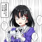  1girl black_hair black_neckwear commentary_request controller crying dualsense game_controller gloves haguro_(kantai_collection) hair_ornament holding holding_controller jacket kantai_collection long_sleeves military military_jacket military_uniform necktie o_o open_mouth playstation_5 playstation_controller purple_jacket remodel_(kantai_collection) short_hair solo tk8d32 translation_request uniform upper_body white_gloves 