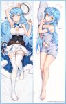  1girl :o ahoge bare_shoulders barefoot blue_hair blue_nails border breasts cleavage cleavage_cutout clothing_cutout dakimakura elf haoni hat heart_hair highres hololive large_breasts light_blush long_hair looking_at_viewer lying multiple_views navel official_art on_back on_side pillow pointy_ears skindentation sleepwear smile thighhighs very_long_hair virtual_youtuber watermark yukihana_lamy 