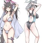  2girls animal_ear_fluff animal_ears ass bikini black_hair blue_archive blue_eyes blunt_ends breasts earrings extra_ears flower fox_ears fox_tail from_behind grey_hair hair_flower hair_ornament halo jewelry large_breasts multicolored_clothes multicolored_swimsuit multiple_girls nanashi_(pixiv_98920795) one-piece_swimsuit ponytail shiroko_(blue_archive) shiroko_(swimsuit)_(blue_archive) simple_background string_bikini stud_earrings swimsuit tail tail_ornament thigh_strap thighs wakamo_(blue_archive) wakamo_(swimsuit)_(blue_archive) wet white_background white_bikini yellow_eyes 