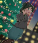  1girl absurdres animal_ears black_pantyhose black_sweater blue_skirt blush breasts cat_ears cat_girl cat_tail christmas christmas_tree earrings fang francesca_lucchini green_eyes green_hair hair_ribbon highres jewelry long_hair open_mouth pantyhose ribbon skirt small_breasts smile solo strike_witches sweater tail wanwan_0301 world_witches_series 