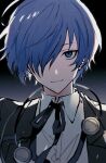  1boy a_d_chi black_jacket black_ribbon blue_eyes blue_hair closed_mouth collared_shirt gekkoukan_high_school_uniform hair_over_one_eye jacket looking_at_viewer male_focus neck_ribbon persona persona_3 ribbon school_uniform shirt simple_background solo upper_body white_shirt yuuki_makoto_(persona_3) 