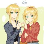  ... 2girls ahoge artoria_pendragon_(fate) blonde_hair blue_shirt bubble_tea cowboy_shot fate_(series) green_eyes heart_hands_failure mordred_(fate) multiple_girls open_clothes open_shirt ponytail red_shirt rizu033 saber_(fate) shirt short_hair smile speech_bubble thumbs_up 