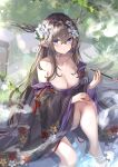  1girl antlers artist_name blue_eyes breasts brown_hair bucket chinese_knot cleavage closed_mouth collarbone floral_print flower grass hair_between_eyes hair_flower hair_ornament highres holding holding_smoking_pipe horns japanese_clothes kimono large_breasts long_hair off_shoulder original pointy_ears purple_kimono sakurai_momoka_no_musuko smoking_pipe solo water white_flower wooden_bucket 