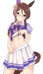  1girl absurdres animal_ears astroglia_cyte blush breasts brown_hair closed_mouth clothes_lift commentary_request embarrassed glasses hair_between_eyes hair_ornament highres horse_ears horse_girl long_hair looking_at_viewer medium_breasts navel ribbon royce_and_royce_(umamusume) school_uniform solo tracen_school_uniform umamusume white_background 