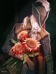  1girl artist_name ascot blonde_hair bloodborne brown_gloves closed_eyes closed_mouth commentary eyelashes flower gloves hat holding holding_flower lady_maria_of_the_astral_clocktower on_chair rashuu red_lips sitting sunflower tricorne twitter_username white_ascot 
