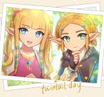  2girls black_gloves blonde_hair blue_eyes braid capelet copyright_request crown_braid dual_persona enni fingerless_gloves gloves green_eyes hair_ornament hairclip hand_on_own_chin highres multiple_girls photo_(object) pointy_ears the_legend_of_zelda the_legend_of_zelda:_tears_of_the_kingdom twintails twintails_day upper_body 