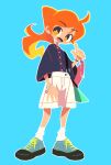  1girl :d ahoge aqua_background bag bracelet earrings full_body highres jewelry long_hair looking_at_viewer loose_socks open_mouth orange_eyes orange_hair original paperclip shoes smile sneakers socks solo takarai_shunsuke white_socks 