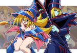  1boy 1girl bare_shoulders blonde_hair blue_footwear blue_headwear blush_stickers boots breasts cleavage dark_magician dark_magician_girl duel_monster green_eyes hair_between_eyes hat holding holding_staff holding_wand large_breasts long_hair looking_at_viewer official_art open_mouth smile staff wakoudo wand wizard_hat yu-gi-oh! yu-gi-oh!_duel_monsters 