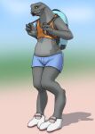 2022 2_toes absurd_res alien backpack belly blurred_background bottomwear clothed clothing crop_top feet female flat_chested footwear grey_body grey_skin halo_(series) happy hi_res holding_strap hotpants humanoid mandibles microsoft midriff outside pants partially_clothed pupils random73 sangheili shirt shoes shorts simple_background slightly_chubby slightly_chubby_female slit_pupils smile solo some_sangheili standing straps toes topwear xbox_game_studios yellow_eyes