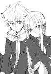  1boy 1girl ahoge blunt_bangs braid closed_mouth danganronpa:_trigger_happy_havoc danganronpa_(series) grey_background greyscale hair_ribbon highres hood hood_down jacket karen_(karenendo) kirigiri_kyoko knees_up monochrome naegi_makoto open_clothes open_jacket pants ribbon short_hair side_braid simple_background single_braid skirt 