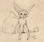 2024 big_ears big_tail blokfort braided_hair breasts canid canine female fennec fox fur genitals hair kalta_(blokfort) looking_at_viewer mammal monochrome nipples nude pussy simple_background sitting sketch smile solo tail