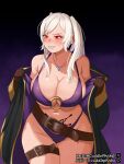  1girl bare_shoulders belt bikini blush breasts brown_gloves cleavage cowboy_shot cuddlephish0 curvy dark_persona embarrassed eyes_of_grima fire_emblem fire_emblem_awakening fire_emblem_heroes gloves gradient_background grima_(fire_emblem) highres hooded_robe huge_breasts jewelry long_hair long_sleeves looking_at_viewer navel necklace o-ring o-ring_bikini o-ring_top official_alternate_costume open_mouth pixiv_id possessed pubic_tattoo purple_bikini purple_robe red_eyes removing_coat robe robin_(female)_(fire_emblem) robin_(female)_(summer)_(fire_emblem) robin_(fire_emblem) solo sweat swimsuit tattoo twintails twitter_username white_hair 