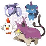  absurdres animal_focus animal_hands beak bird bird_wings blue_fur brown_fur cat chicken chikipi closed_mouth commentary depresso english_commentary frown grin grintale highres killamari looking_at_viewer madzygardecore no_humans pal_(creature) palworld purple_fur smile squid sugimori_ken_(style) tail whiskers wings yellow_eyes 