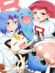  1boy 1girl blue_eyes blue_hair closed_eyes green_eyes inkay james_(pokemon) jessie_(pokemon) meowth nogi_toa_(sorajio) one_eye_closed open_mouth pokemon pokemon_(anime) red_hair team_rocket white_background wobbuffet 