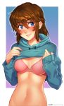  1girl absurdres bangs blue_hoodie blush bow bow_bra bra braid breasts brooke_(mathias_leth) brown_hair brown_nails commentary deviantart_username drawstring english_commentary fingernails freckles grin hair_between_eyes highres hood hood_down hoodie hoodie_lift lifted_by_self long_sleeves looking_at_viewer mathias_leth medium_hair navel nose_blush orchistra:_ostront_41-45 original pink_bra red_orchestra_(series) red_orchestrared shiny shiny_hair small_breasts smile solo stomach toned underwear watermark web_address 