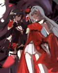  2girls bare_shoulders black_gloves black_shirt black_shorts black_thighhighs cleavage_cutout closed_mouth clothing_cutout dress fingerless_gloves flower fu_hua fu_hua_(blood_voivode) fu_hua_(herrscher_of_sentience) fu_hua_(shadow_knight) fu_hua_(turn_up_the_music!)_(herrscher_of_sentience) gloves grey_hair hair_between_eyes hair_flower hair_ornament high_ponytail highres honkai_(series) honkai_impact_3rd jewelry long_hair long_sleeves looking_at_viewer multicolored_hair multiple_girls official_alternate_costume ponytail red_dress red_eyes red_flower rose shirt sho_2nini shorts skirt sleeveless sleeveless_dress streaked_hair thighhighs thighs vampire white_hair white_skirt white_thighhighs yellow_pupils 