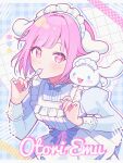  +_+ 1girl animal animal_ears animal_on_shoulder apron blue_dress blue_ribbon blunt_bangs border character_name cinnamoroll dog dog_ears dress highres holding holding_spoon light_blush maid maid_apron maid_headdress ootori_emu outline pink_eyes pink_hair project_sekai puffy_sleeves ribbon short_hair sidelocks spoon utensil_in_mouth waka_(wk4444) white_border white_outline 