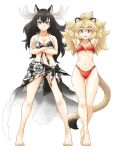  2girls animal_ears arms_behind_head arms_up ass_visible_through_thighs barefoot big_hair bikini black_hair blonde_hair blush breasts brown_eyes cleavage closed_mouth crossed_arms extra_ears floral_print full_body grey_hair groin halterneck kemono_friends legs_apart lion_(kemono_friends) lion_ears lion_girl lion_tail long_hair looking_at_viewer medium_breasts moose_(kemono_friends) moose_ears moose_girl moose_tail multicolored_hair multiple_girls naka_(nicovideo14185763) navel open_mouth print_bikini red_bikini sarong side-by-side simple_background smile standing stomach swimsuit tail toes two-tone_hair very_long_hair white_background yellow_eyes 