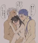  1girl 2boys anal archer black_hair blue_eyes blue_hair blush breasts closed_eyes collarbone completely_nude cu_chulainn_(fate)_(all) dark_skin double_penetration earrings fang fate/stay_night fate_(series) grey_hair group_sex highres holding_legs jewelry lancer long_hair lower_teeth medium_breasts mmf_threesome mondi_hl multiple_boys nude open_mouth ponytail short_hair speech_bubble spiked_hair standing standing_sex tearing_up threesome tohsaka_rin translation_request vaginal 