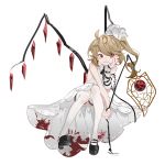  absurdres aibivy alternate_color alternate_costume bare_shoulders black_footwear blonde_hair blood bloody_clothes bloody_dress chain chinese_lantern_(plant) commentary_request crystal detached_sleeves dress flandre_scarlet full_body grin hair_ribbon hand_on_own_cheek highres long_hair no_hat no_headwear platform_footwear red_eyes ribbon shoes side_ponytail simple_background single_sleeve sitting smile thighhighs touhou white_background white_dress white_legwear white_ribbon wings 