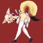  1girl :p absurdres alternate_costume animal_ears ass bent_over black_footwear black_hair blonde_hair brown_eyes dress enmaided fennec_(kemono_friends) fox_ears fox_girl fox_tail frills from_side full_body gloves hakumaiya highres holding holding_tray kemono_friends looking_at_viewer maid maid_headdress medium_hair multicolored_hair no_panties pinky_out red_background shoes short_dress short_sleeves simple_background smile solo standing tail teasing thighhighs tongue tongue_out tray white_gloves white_hair white_thighhighs 