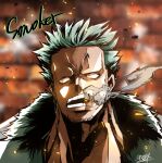  1boy character_name cigar commentary_request facial_hair grassjeak grey_hair male_focus mouth_hold one_piece open_mouth short_hair signature smoke smoker_(one_piece) solo teeth 