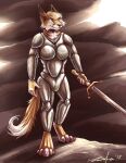 ambiguous_gender anthro armor biped bottomwear canid canine canis clothed clothing digital_media_(artwork) english_text female fur hair hi_res holding_object holding_weapon mammal melee_weapon orange_body orange_fur smile solo standing sword tail text weapon zrcalo
