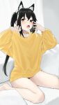  1girl absurdres animal_ears black_hair cat_ears commentary_request fake_animal_ears fang highres k-on! long_hair long_sleeves murugai nakano_azusa open_mouth purple_eyes shirt sitting skin_fang solo thighs tongue twintails yawning yellow_shirt 