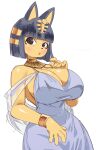 2023 absurd_res animal_crossing ankha_(animal_crossing) anthro artist_name backless_dress bangs big_breasts biped black_nose blue_hair blunt_bangs blush bob_cut bracelet breasts classy cleavage clothed clothing domestic_cat dress eyeliner felid feline felis female fur gold_(metal) gold_bracelet gold_jewelry hagoromo hair hi_res huge_breasts jewelry lemonbizate_(artist) looking_at_viewer makeup mammal nintendo open_mouth pectoral_(jewelry) portrait ribbons side_boob simple_background solo three-quarter_portrait three-quarter_view uraeus white_background white_clothing white_dress wide_hips yellow_body yellow_fur