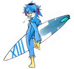 anthro avian_feet beak blue_body blue_feathers blush breasts butt electronics feather_hair feathers female generation_4_pokemon headphones hi_res holding_object kyzarius looking_at_viewer looking_back nintendo nude piplup pokemon pokemon_(species) pseudo_hair side_boob simple_background small_breasts solo surfboard white_background