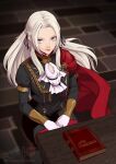  1girl artist_name ascot blurry blurry_background book cape closed_mouth edelgard_von_hresvelg eightyfourart eyelashes fire_emblem fire_emblem:_three_houses garreg_mach_monastery_uniform gloves highres long_hair on_chair pantyhose patreon_logo patreon_username pink_lips purple_eyes red_cape sitting solo white_ascot white_gloves white_hair 