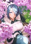  1girl blue_eyes blue_hair breasts cherry_blossoms commission fire_emblem fire_emblem_fates hair_over_one_eye hairband highres inomata_konomu japanese_clothes long_bangs looking_at_viewer medium_breasts pixiv_commission setsuna_(fire_emblem) 