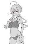  1girl absurdres ahoge bikini braid cowboy_shot crown_braid frilled_bikini frills greyscale highres kantai_collection looking_at_viewer makigumo_(kancolle) makigumo_kai_ni_(kancolle) monochrome neve_(morris-minicooper) semi-rimless_eyewear side-tie_bikini_bottom sidelocks smile solo standing swimsuit under-rim_eyewear 