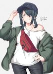  1girl artist_name baseball_cap black_hair black_headwear black_pants commentary_request dated dog_tags fanny_pack grey_jacket hair_over_one_eye hand_on_own_hip hat highres jacket kantai_collection kumano_maru_(kancolle) long_hair low_twintails official_alternate_costume pants red_eyes shirt simple_background solo taira_yuuki twintails white_background white_shirt 